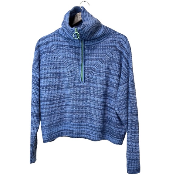Aerie Oversized Wool Blend Cropped Stripe Sweater - Blue - Funnel Neck - Picture 2 of 13